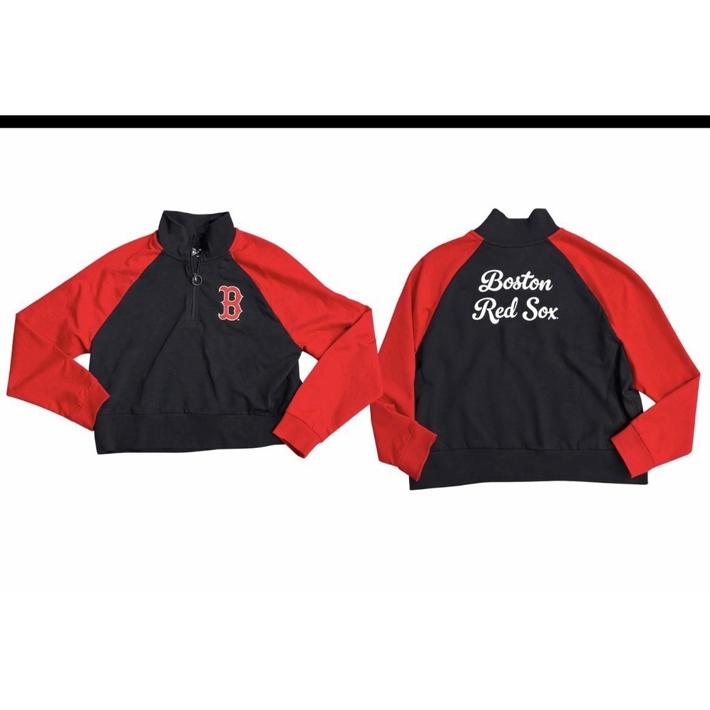 BOSTON RED SOX PULLOVER SHIRT Womens Cropped Long Sleeve 1/4 Zip Size Large MLB
